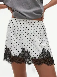 Women's Lace Decorated Polka Dot Mini Skirt, Y2K High Waist Satin A-Line Short Skirt with Bow, Fashion Fitted Summer Dress