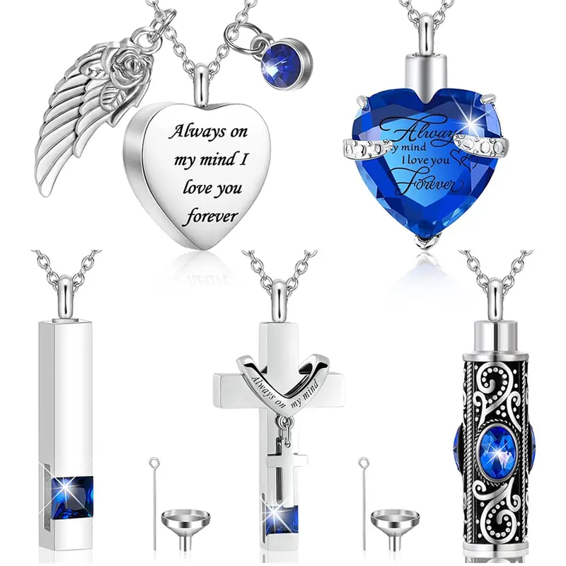 5 Pcs Ashes Urn Necklace, Sentimental Necklaces, Elegant Stainless Steel Memorial Locket, Heart & Wing Design, Keepsake Jewelry for Women & Men, Heart Shaped Pendant