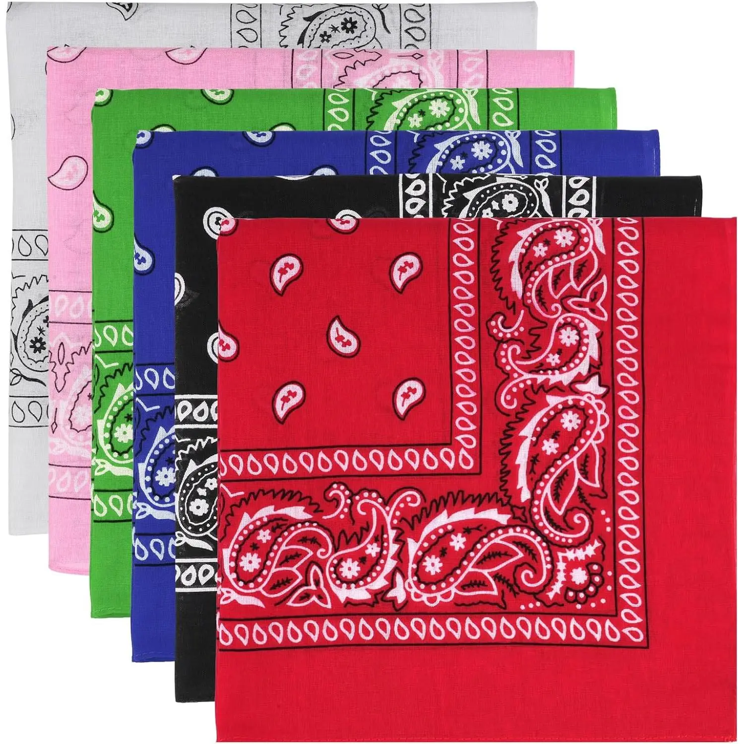 Unisex 6-Pack Classic Pure Cotton Double-Sided Pattern Bandana Accessory Kit Headbands - 21x21 in Square, Absorbent Breathable Bandana Head Wrap for All Head Sizes (Handkerchief, Face Mask Uses), Square Headbands, Multi Color, Bandana Style