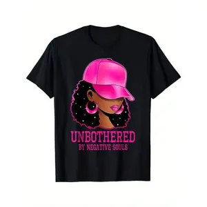 [100% Cotton] [100% Cotton] Bold Unbothered Queen T-Shirt With Pink Hoop Earrings And Curly Hair. T-Shirt For Men And Women