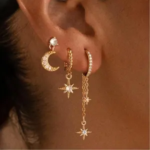 (Individual)Moon Star Hoop Earrings Set of 3 for Women 18K Gold Silver Plated, Cubic Zirconia Chain Dangle Earring Set, Stackable Multiple Piercing Jewelry for Sensitive Ears