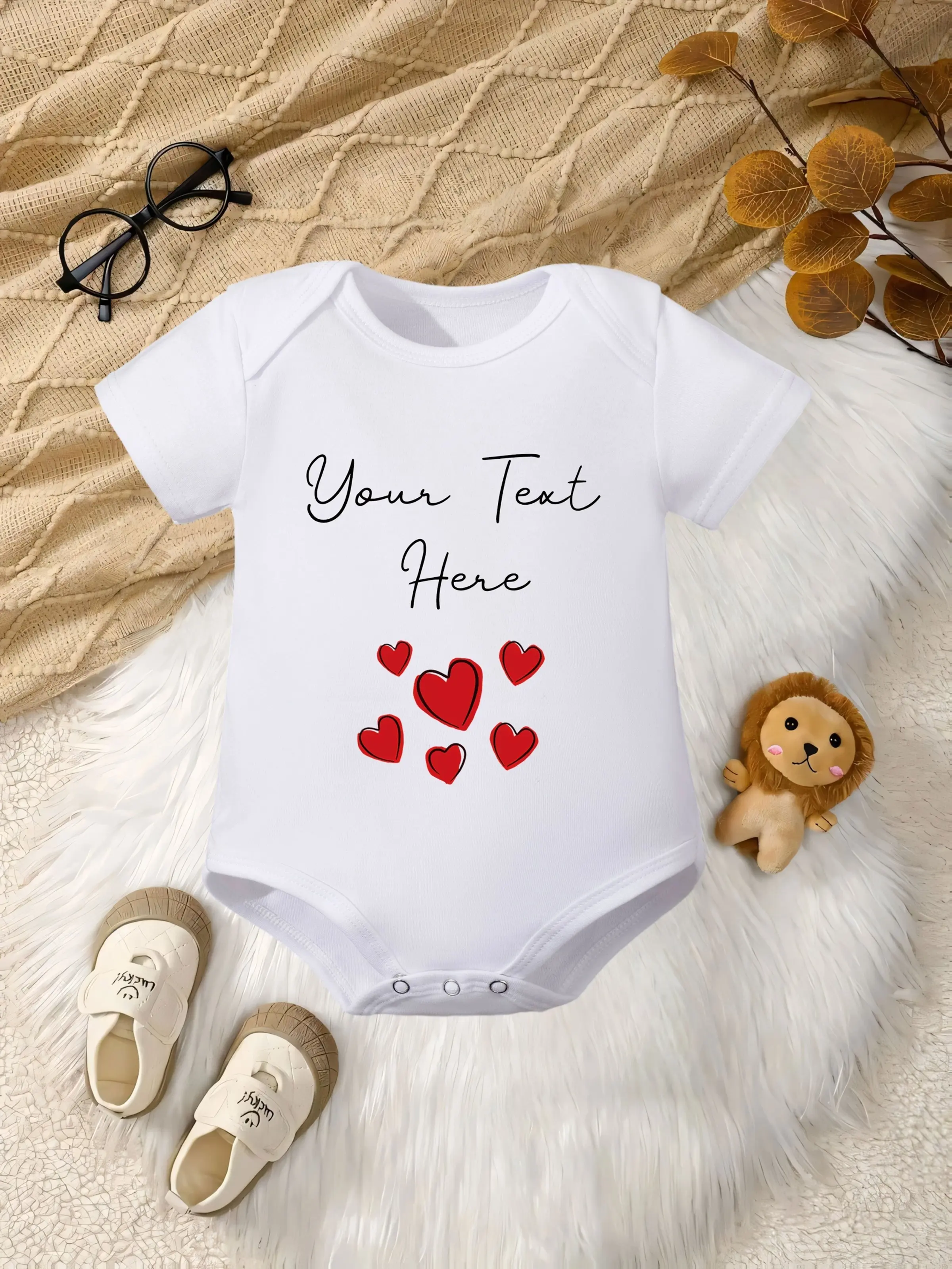 Personalized Custom Text Baby Bodysuit, Infant Short Sleeve Cotton Romper with Red Hearts Versatile Customizable