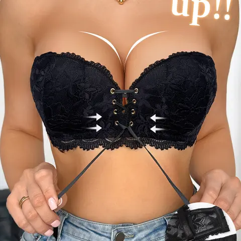 Add Two Cups ,Women's Wireless Sexy Lace Push-Up Bra, Anti-Sag Support,Adjustable Strapless Bandeau bra, Comfortable Breathable, Fit Fashion Bra for Off-shoulder Dresses,Daily Wear, Dates,Bridal, Evening Gowns, Wirefree Bras