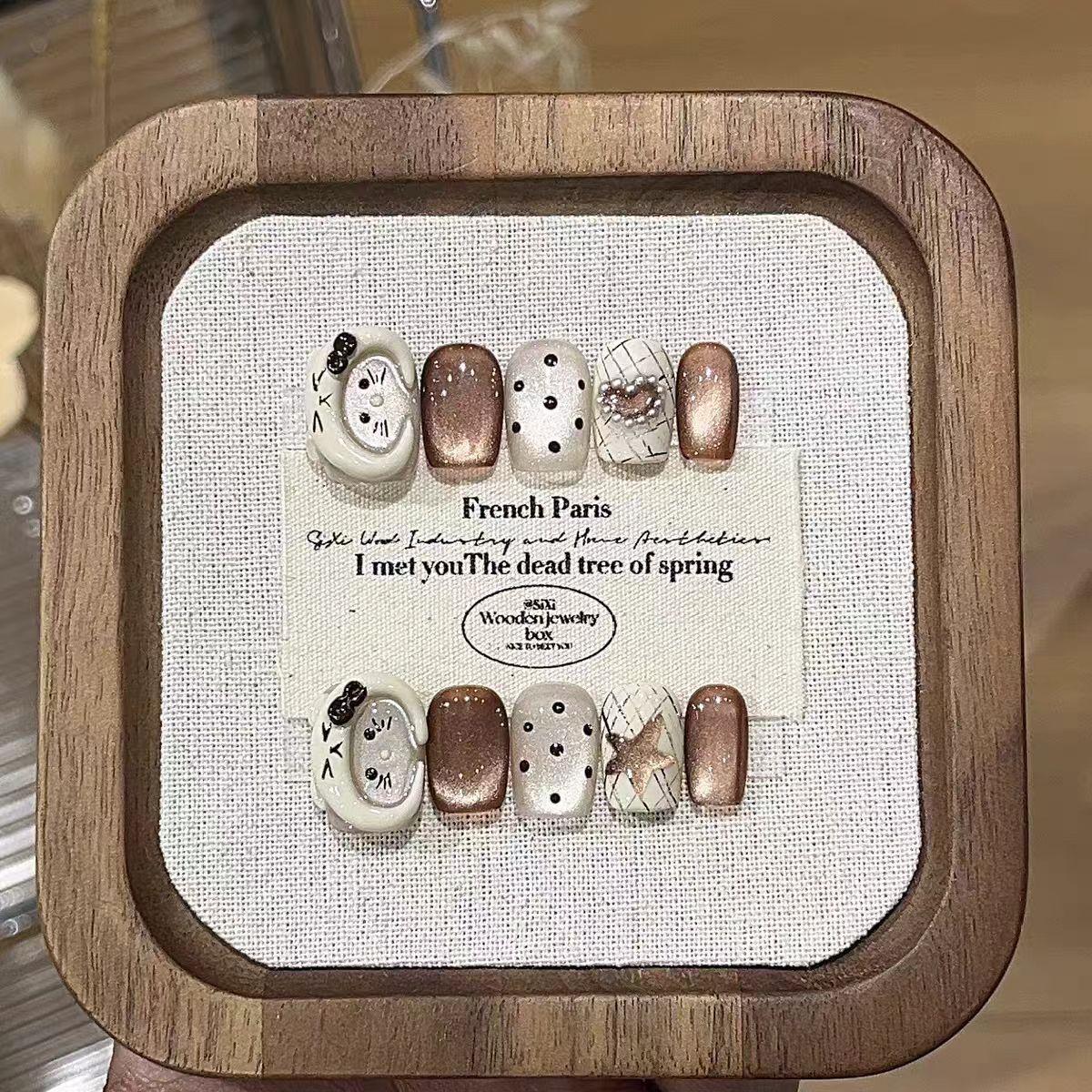 【Lucy UU】Cute Cat Eye Sweet French Baddie Press On Nails Brown Bow Short Coffin Shape Handmade Reusable