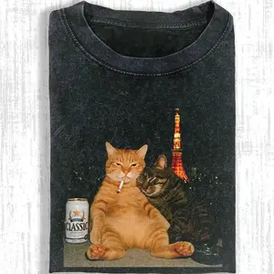 Wacky Cat Printed Distressed Vintage Graphic Tee Pure Cotton Unisex Menswear Top Ideal For Daily Wear Spring Casual Outfits Perfect For Cat Lovers Halloween Christmas Gift