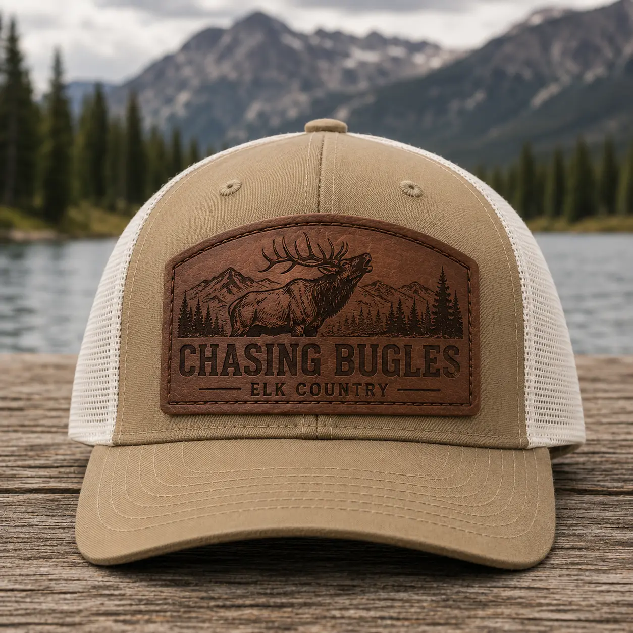 Elk Country Leather Patch Trucker Hat - Mesh Back Snapback Cap - Retro Mountain Hunting Cap for Men