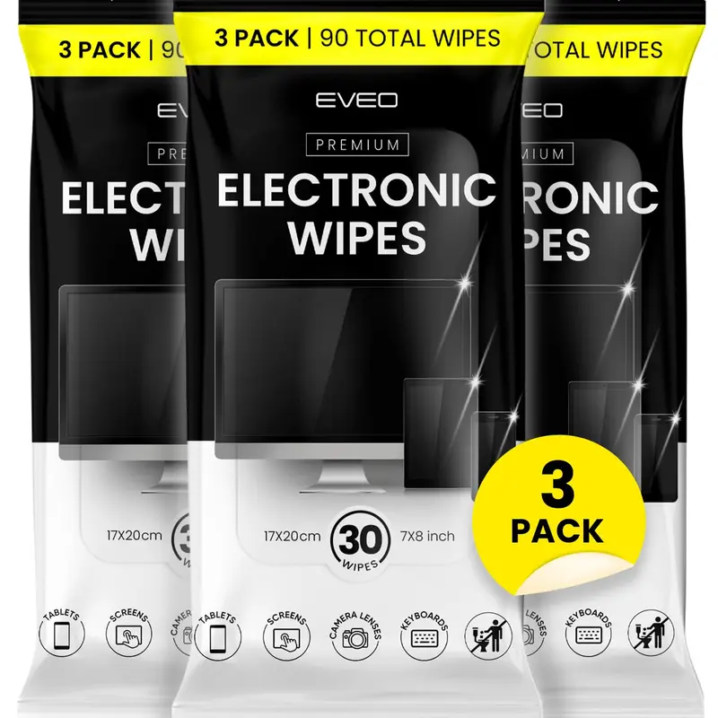 EVEO Antistatic Microfiber Cloth Electronic Wipes Multipack - 3 Pack (90 Wipes Total), 30 Pcs Per Pack, 17x20cm, Quick-Dry Formula, Streak-Free Cleaning for TVs, Laptops, Smartphones