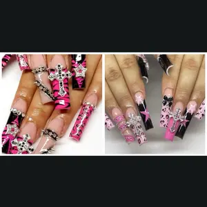 24 Pieces Long Square/Coffin Glam Gothic Press On Nails with Striped French Tip