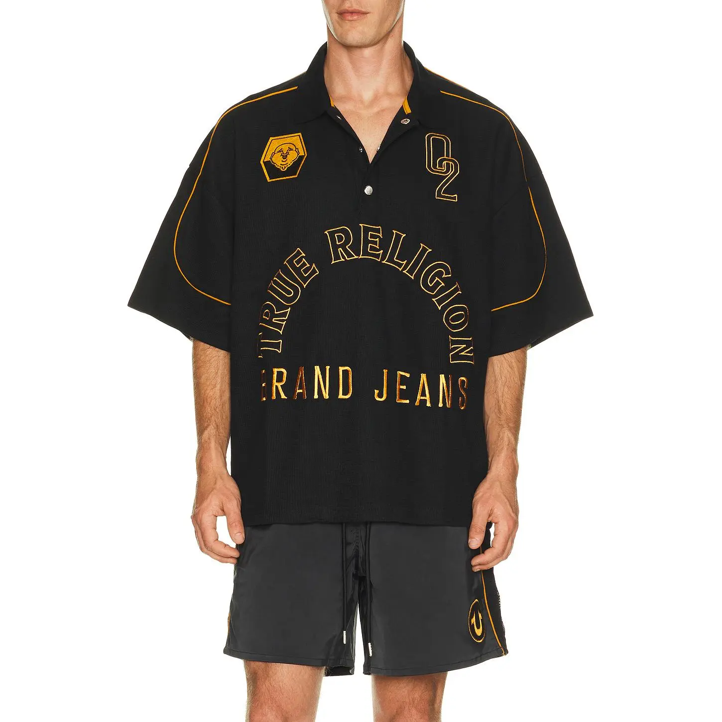 True Religion Multi Logo Oversized Polo in Jet Black