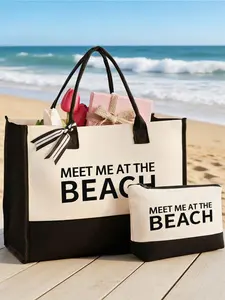 Canvas tote bag with "Meet at the Beach" vivid print. Large capacity, durable and versatile for beach trips, shopping, storage and commuting. Perfect for daily casual outings and as a gift for Valentine's Day, Mother's Day and birthdays.