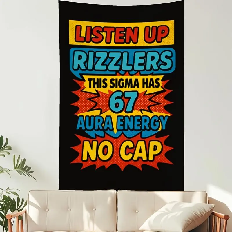 1pc 67 Sigma Rizzlers Meme Tapestry - Funny "Listen Up Rizzlers" Wall Hanging with 67 Number Design, Vibrant Colors & Comic Explosion Graphics - Soft Peach Light Fabric for Bedroom, Dorm, Living Room Decor - No Aura Energy Slogan Indoor Wall Art White