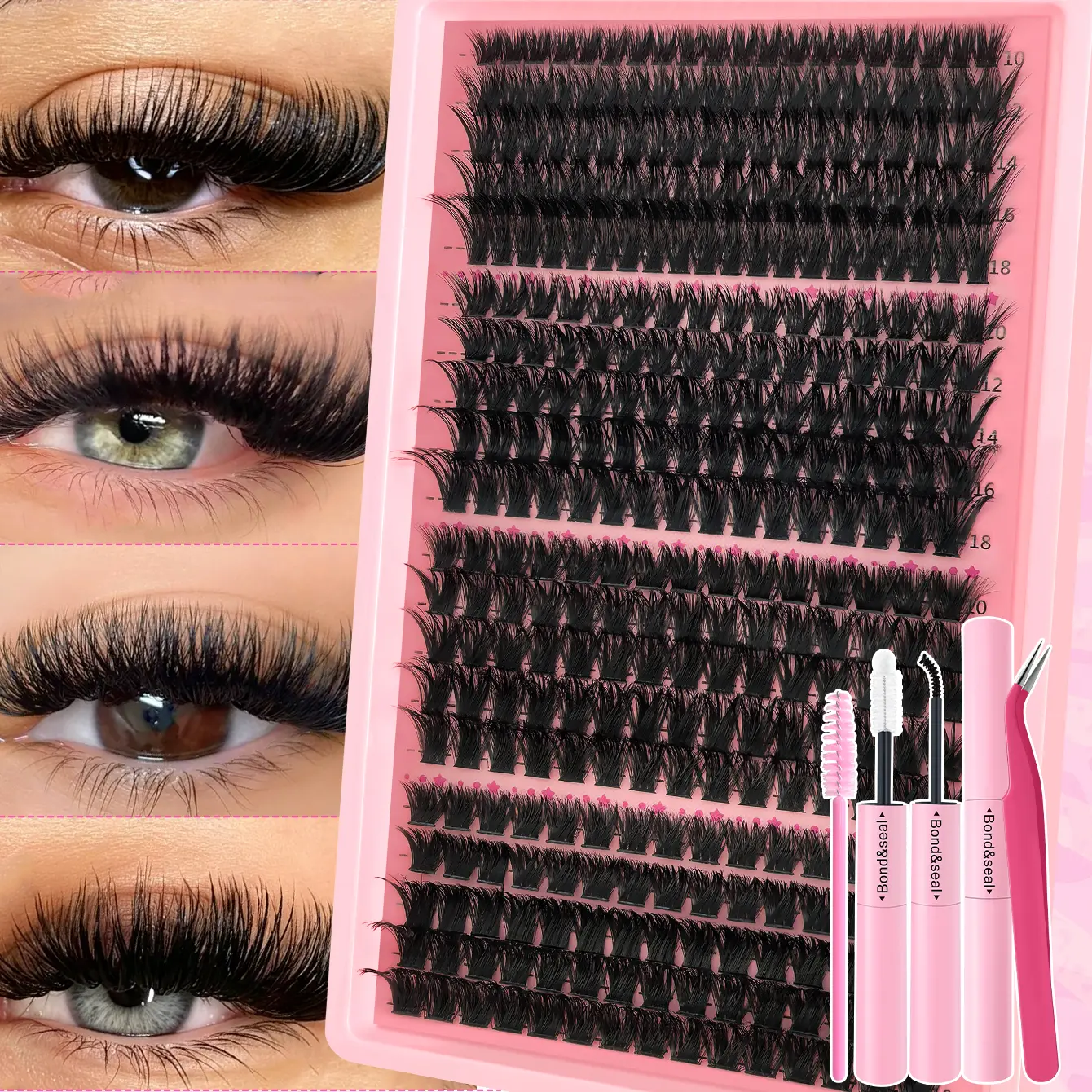 325pcs Manga Lash Clusters Kit with Glue & Tweezers, Mixed Density 80D+100D+120D+160D 5D Fluffy Volume DIY Eyelash Extensions Kit, 10-18mm Reusable & Long-lasting D Curl Individual False Eyelashes Set