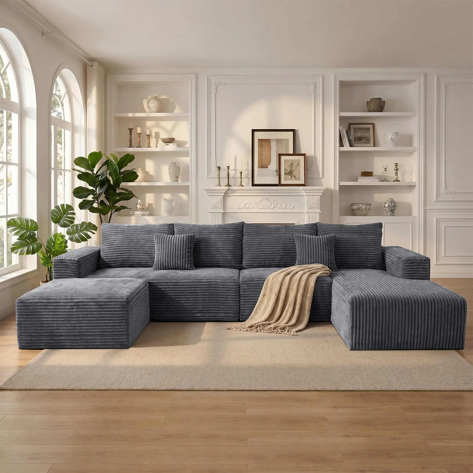 【Summer Wins】Joylsle 137"W x 59"D x 22"H Flexible Modular Corduroy Couch, U-Shaped Extra Large Sectional for Home Theater & Napping,3 Packages with 1 Versatile Chaise, 1 Comfy Ottoman & 2 Pillows,  boneless sectional couch， Modern Upholstered Sofa，could