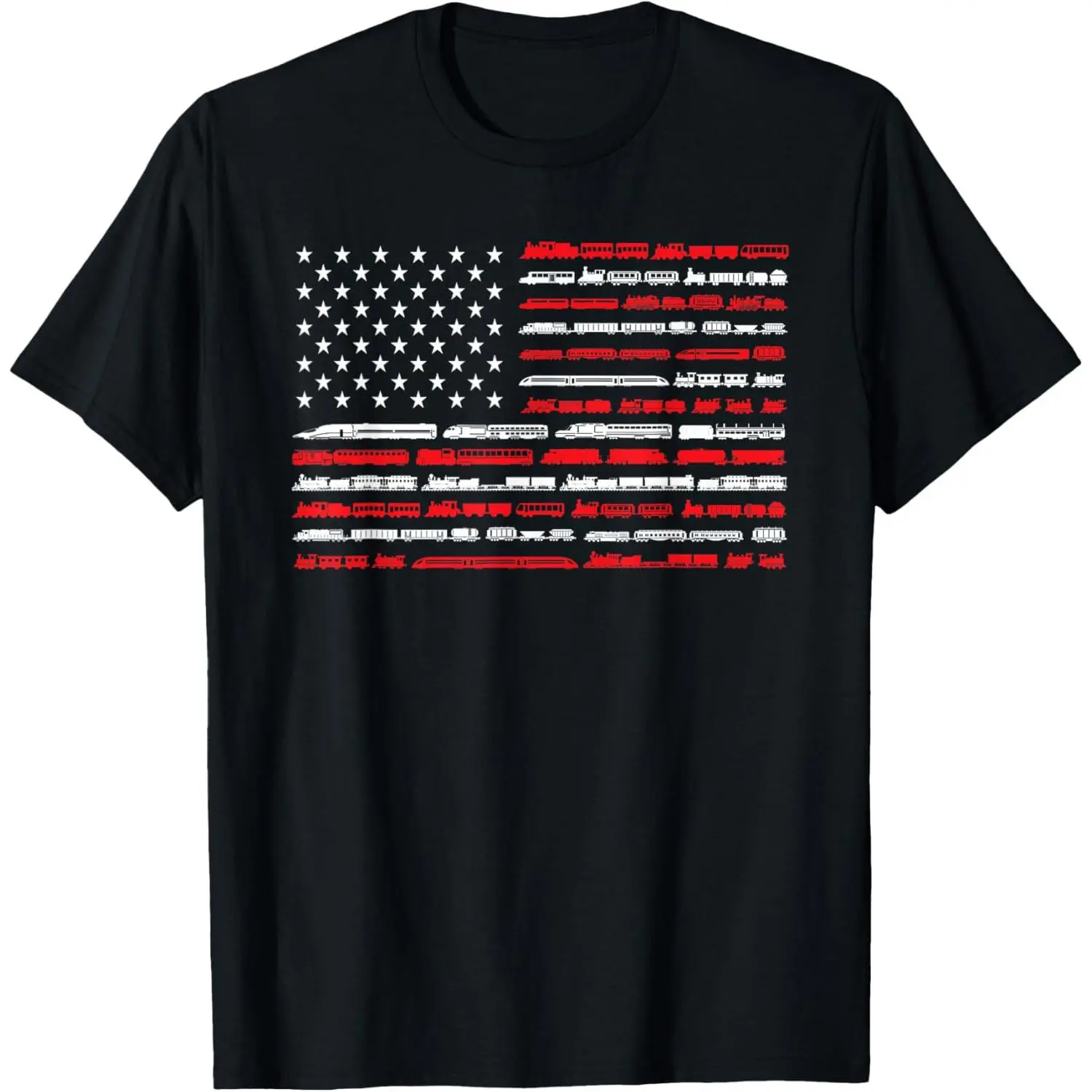 Women's 100% Cotton Short-Sleeve Round Neck T-Shirt, Casual Streetwear with Distressed American Flag Train Railroad Vintage Locomotive Print