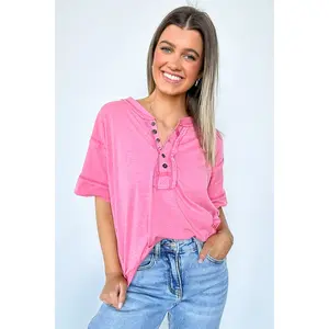 Taryyn Raw Edge Button Henley Top - FINAL SALE