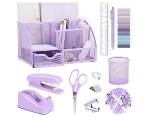 Office Supplies Desk Accessories - Purple Set with Stapler, Tape, Pen Holder & More