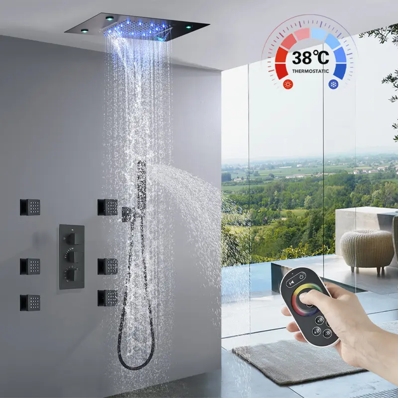 Matte Black Brass Thermostatic Shower Faucet Set with LED Waterfall Rain Showerhead, Handheld Showerhead, 6 Full-Body Sprays, Ceiling-Mounted Design, 14x20-in/16x32-in (40x80 cm/36x50 cm) Options, ABS Components, Manufacturer Warranty
