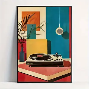 Vintage vinyl record player wall art - features bold geometric shapes and vibrant colors, modern art deco music themed decor for living room, bedroom, office - indoor/outdoor use, bedroom artwork, abstract design, art craft, vibrant color print, home deco