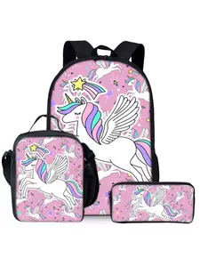 Unicorn & Pony Print 3-Piece Backpack Set, Including Backpack, Lunch Bag and Pencil Case, Youth Backpack