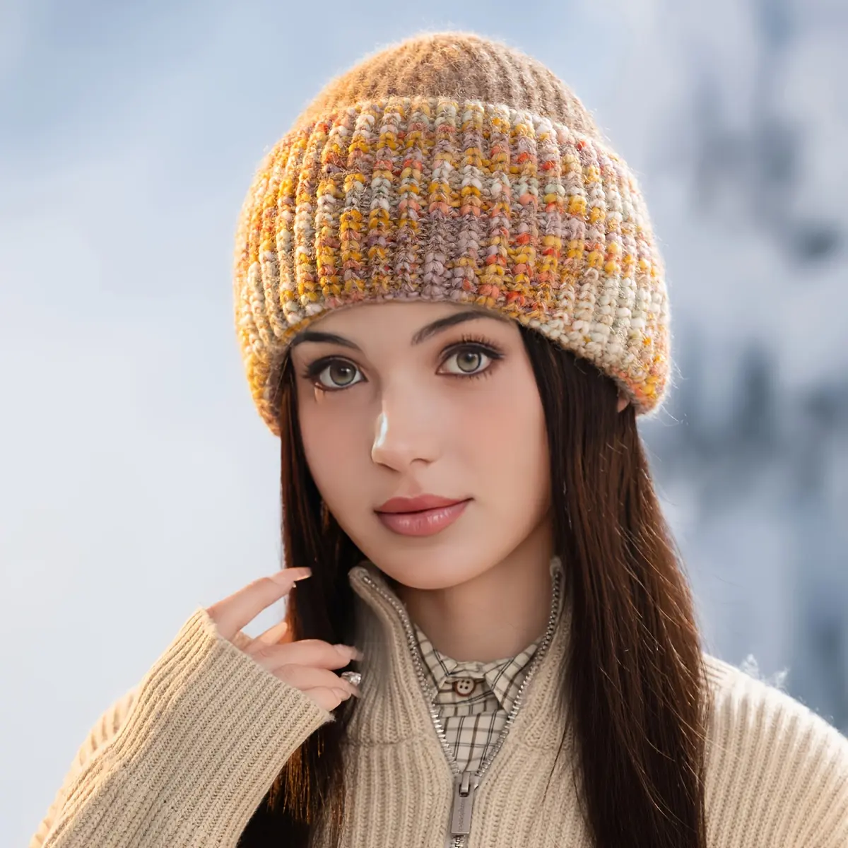 Women's Color-Block Beanie Hat - Soft Warm Unisex Winter Headwear, Foldable for Travel, Hand Washable, Versatile for Casual/Formal Outfits, Available in Pastel Pink, Brown, Orange, Yellow, Green, Blue, Purple, Red, Black, White, Grey, Beige