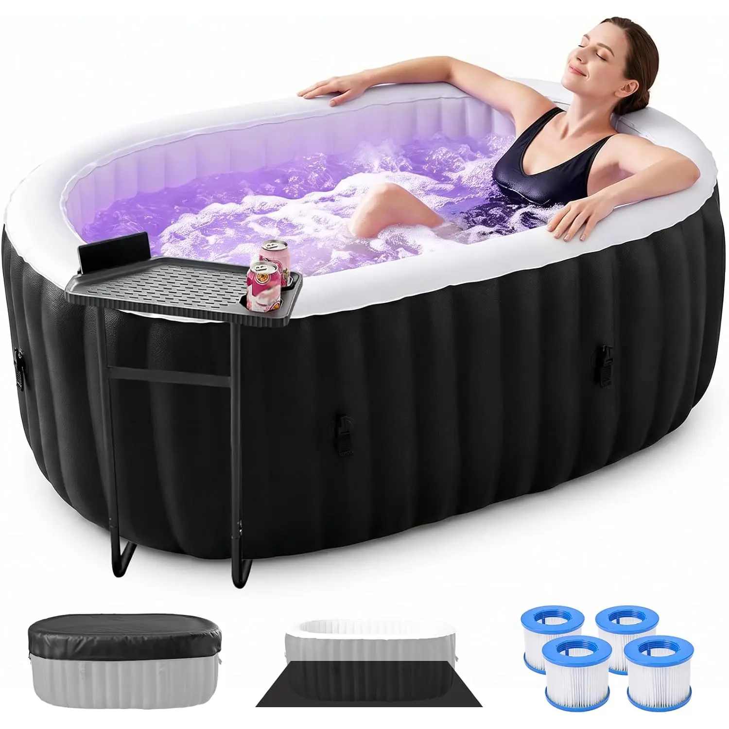 1-2 Person Inflatable Hot Tub with LED Light, ABORON 75" X 47" X 25" Oval Blow Up Portable Hot Tub with 100 Bubble Jets, Outdoor Spa Bathtub Included Heater Pump, Insulated Cover and Side Table