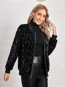 Women's Sparkle Patchwork Baseball Collar Short Jacket, Cool Luxe Style, Eye-Catching Texture, Perfect for Light Parties, Daily, Casual Dates