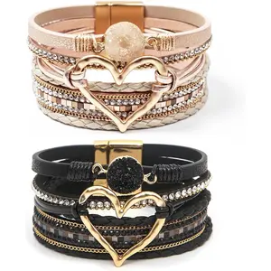 2Pcs Leather Wrap Bracelets for Women, Multi-Layer Leather Bracelets with Strong Clasp, Stack Boho Leather Bracelets for Women Valentine's Day Gift