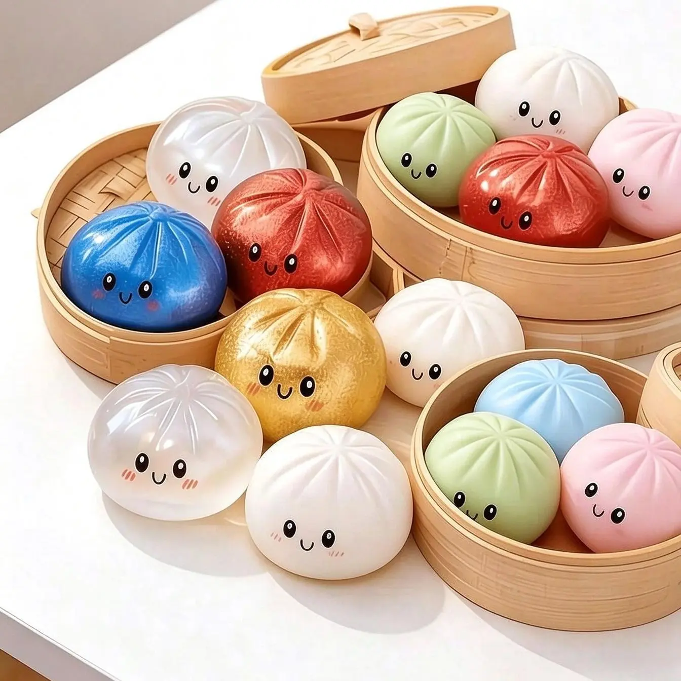 glitter dumpling  -shaped stress-relief squeeze toys—available in sets of 2, 4, 6, 8, 12, or 16—come with a portable steamer-style storage container. These handcrafted stress-relief toys are made from soft, slow-rebound TPR material.