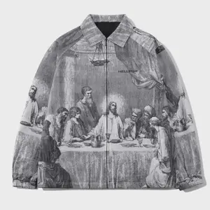 Men’s casual jacket featuring Leonardo da Vinci’s “The Last Supper” with a full-body digital print design—black-and-white art style, zip closure, suitable for everyday wear; fashionable men’s jacket, long-sleeved zip-up jacket GARMENTARY