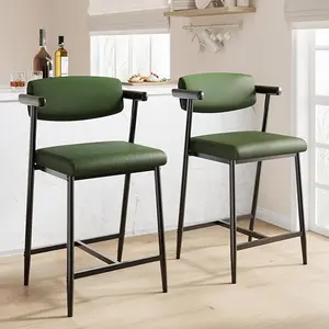 Counter Height Bar Stools Set of 2/3/4 with Arms, Upholstered Barstool with Back & Footrest, Soft Wider Seat, Modern Metal Bar Stools Set for Kitchen Island, Bar, Easy Assembly, Rustic Green