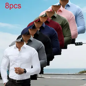 8-pack men’s dress shirts, four-way stretch, long sleeves with collar, solid color wedding/date button-down shirt, breathable business casual set for men, button-down business shirt, casual shirt, wrinkle-free travel shirt, men’s tops Four-Sided,summervib