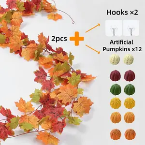 2pcs 80" Artificial Maples Vines Garland, Contain Artificial Pumpkins and Hooks, Silk Maple Leaves Faux Hanging Fall Garland for Fall Decor Thanksgiving Porch Mantle Fireplace Farmhouse Harvest Decorations