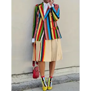Women's Colorful Striped Blazer - Casual Long Sleeve Double-Breasted Jacket with Pockets, Vibrant Rainbow Design, Polyester & Spandex Blend, Machine Washable, Perfect for Everyday Style  Fabric Suits Womenswear Fitted