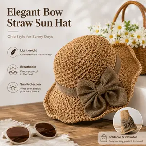 Versatile retro woven handmade straw hat with ruffled bow, elegant French sun hat, foldable, breathable travel beach hat.