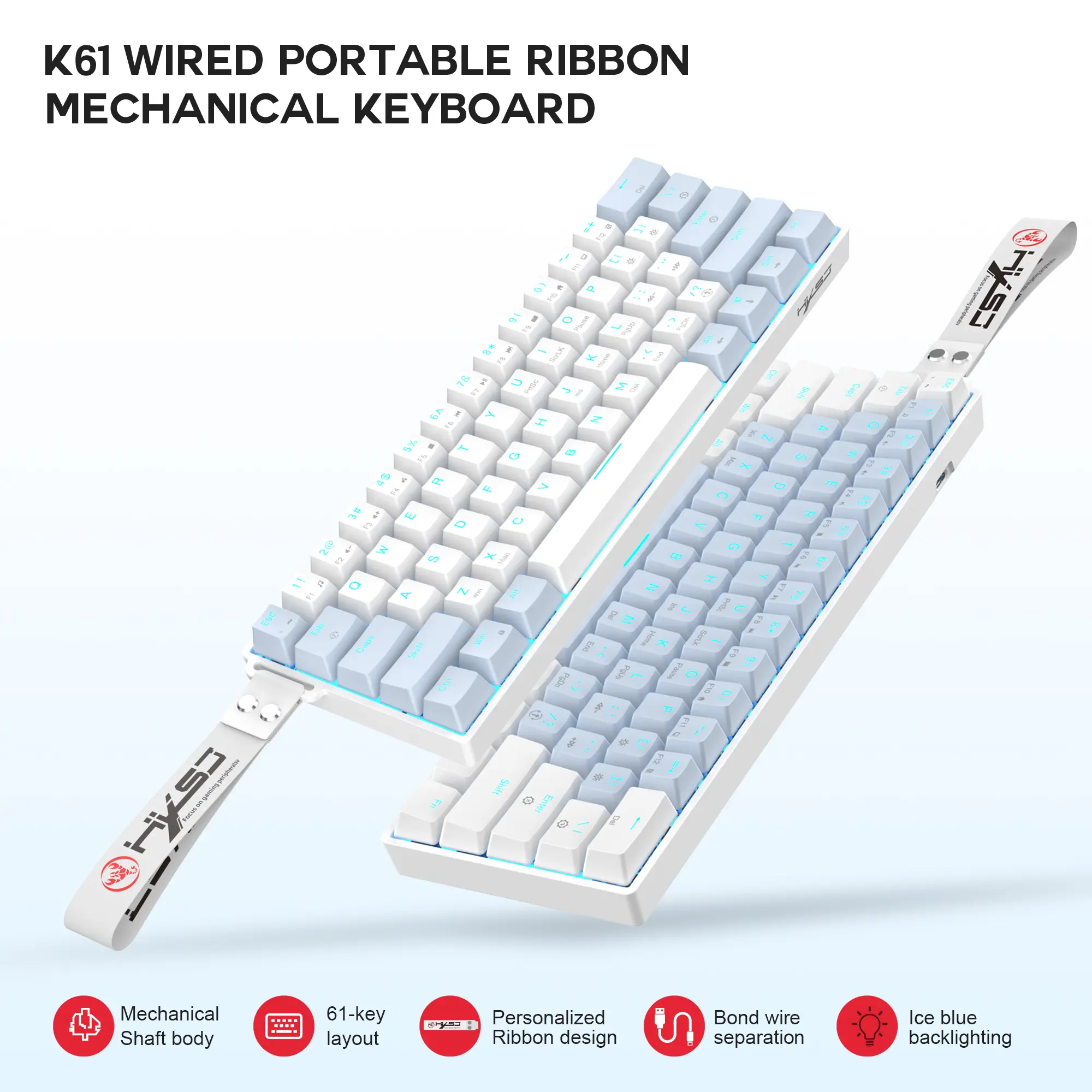 HXSJ 61-Key Mechanical Gaming Keyboard, 60% Compact Wired Keyboard with Red/Blue Axis, Detachable Type-C Cable, Holiday Gift for Gamers, PC and Laptop
