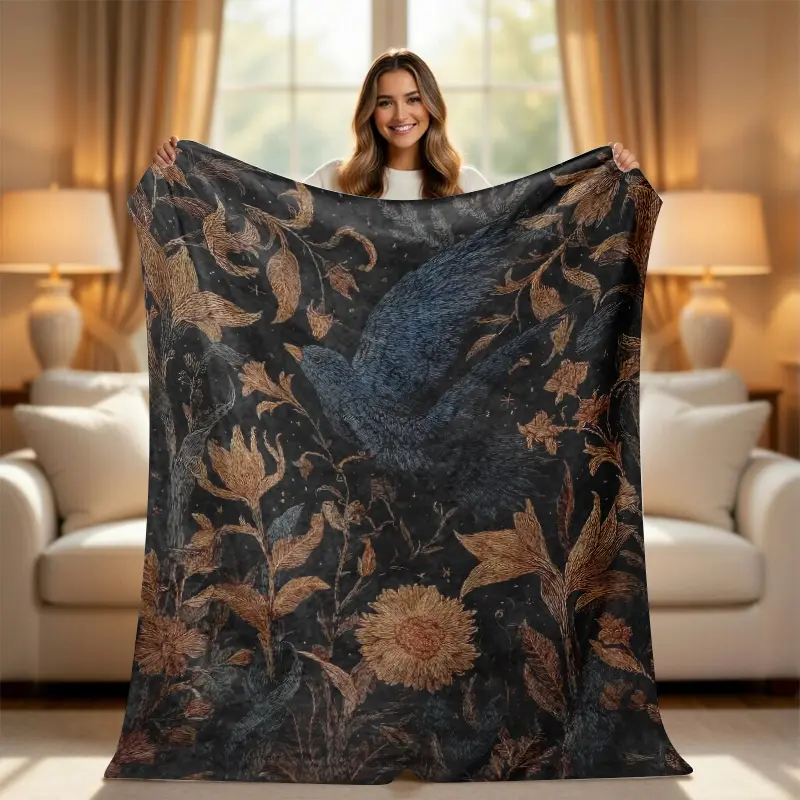 Vintage Blue Bird Woven Tapestry Blanket, Dark Academia Aesthetic Throw Blanket with Tassels, Cozy Gothic Floral Boho Room Decor Couch Bed Blanket