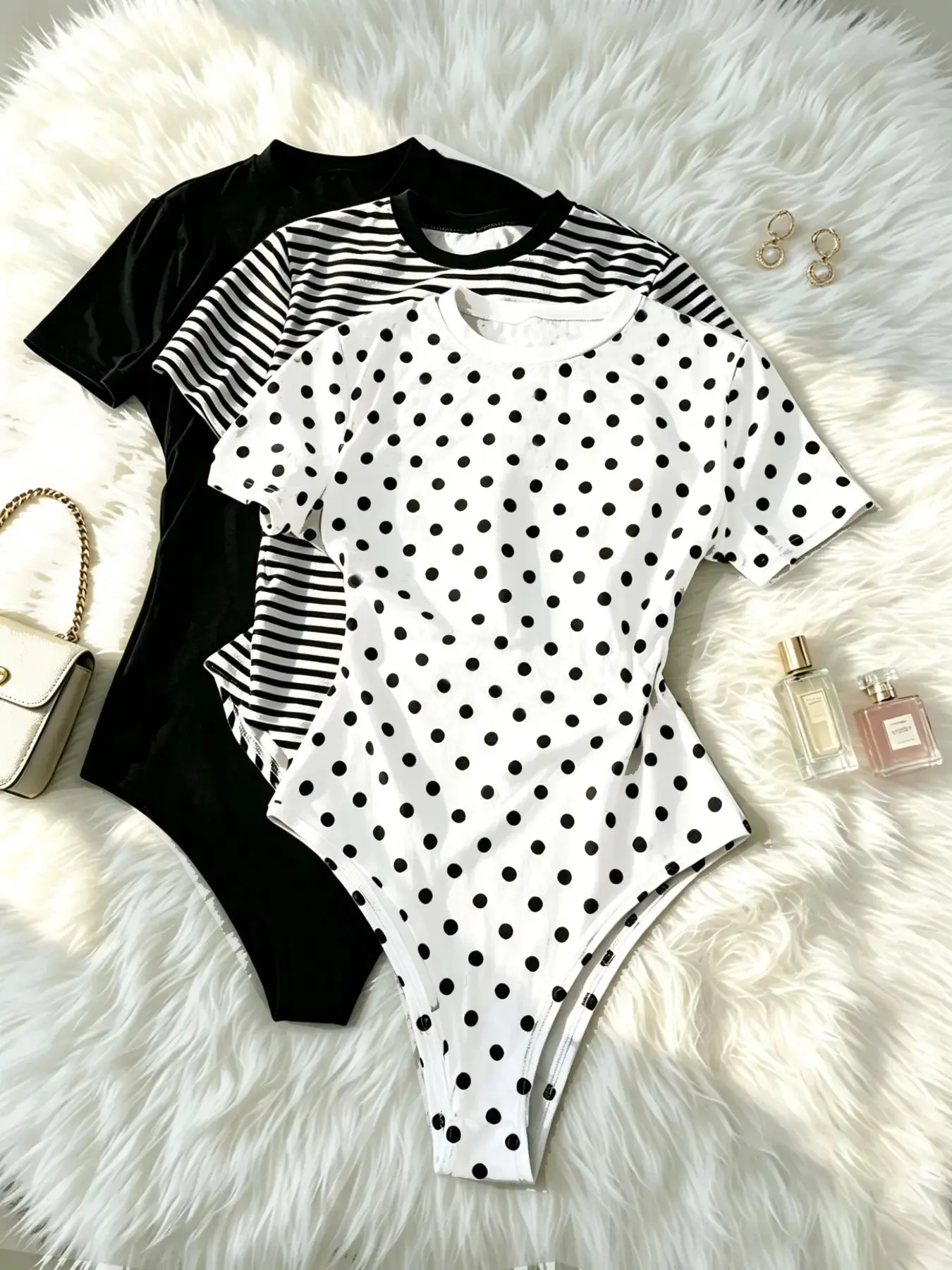 Women's Round Neck Short Sleeve Bodysuit, Bodycon Slim Fit Stretchy, Three Colors Available, Casual Streetwear and Daily Wear