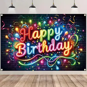 Neon Happy Birthday Backdrop Banner, Rainbow Graffiti Brick Wall Party Decorations, Durable Polyester Fabric Photo Booth Prop, Reusable Easy to Clean, Perfect for Kids Adult Birthday, Glow Party, Dance Event, Home Decor, Photo Shoot