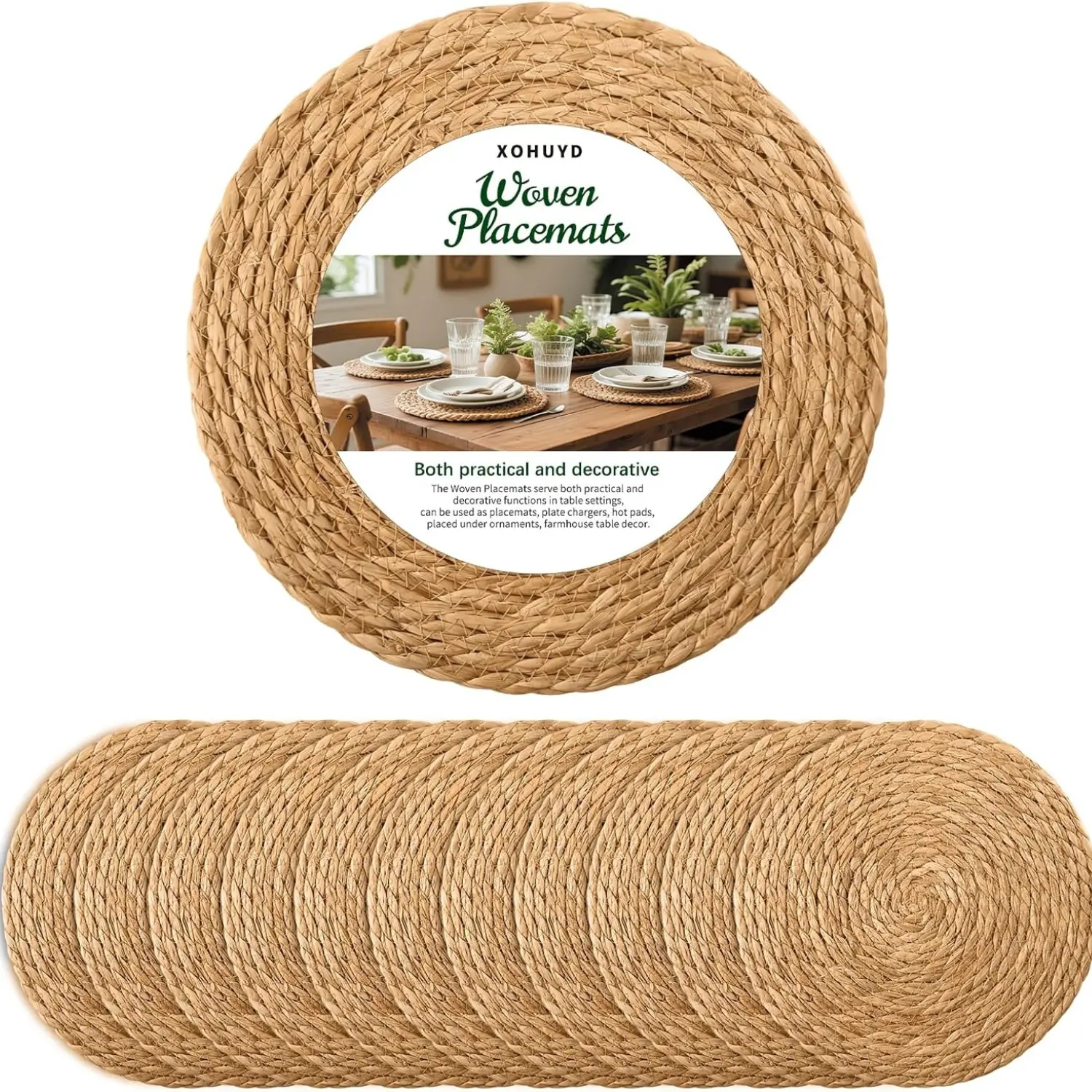 13-in Sturdy Stripes Biodegradable Heat-Resistant Classic Circular Woven Placemats & Dinnerware Chargers Set of 12, Boho Farmhouse Rustic Rattan Wicker Jute-Braided Tableware for Kitchen Dining Decor