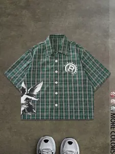 Men's Regular Fit Letter & Striped Print Short Sleeve Shirt, Casual Party Shirt, Casual Plaid Shirt, Casual Retro Button Top for All Seasons, Men's Clothes for Daily Wear
