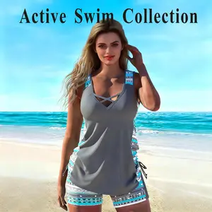 Premium UPF50+ Anti-Chlorine Active Tankini Set, High-Elastic Gray Tribal Print Top + Drawstring Shorts, Sporty & Tummy Control Swimwear