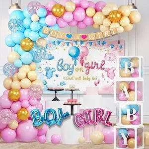 Gender Reveal Party Decorations, Pink Blue Gold Balloon Arch Garland Kit, 4 Balloon Boxes, Gender Reveal Backdrop Banner for Baby Shower Boy or Girl Gender Reveal Party Supplies