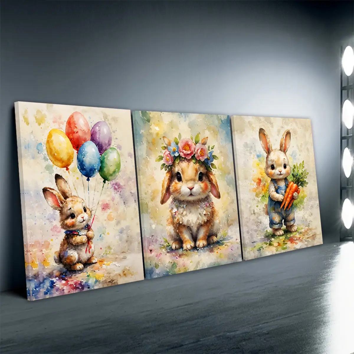 3pcs/Set Wooden Framed, Watercolor Floral  Bunny Easter Wall Art Canvas Painting, Bunny Holding Carrots Print Poster, Easter Bunny Nursery Decor, Vintage Rabbit Artwork, Baby Room Print Animal, Whimsical KidsIllustration Pictures, Home Decoration