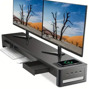 New Dual Monitor Stand Riser 2 Drawers 4 Usb Ports