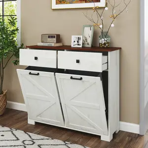 Farmhouse Double Tilt Out Trash Cabinet for 20 Gallon Trash Cans, Free Standing Recycling Cabinet with Hideaway Drawer, Barn Door Style Laundry Sorter for Kitchen