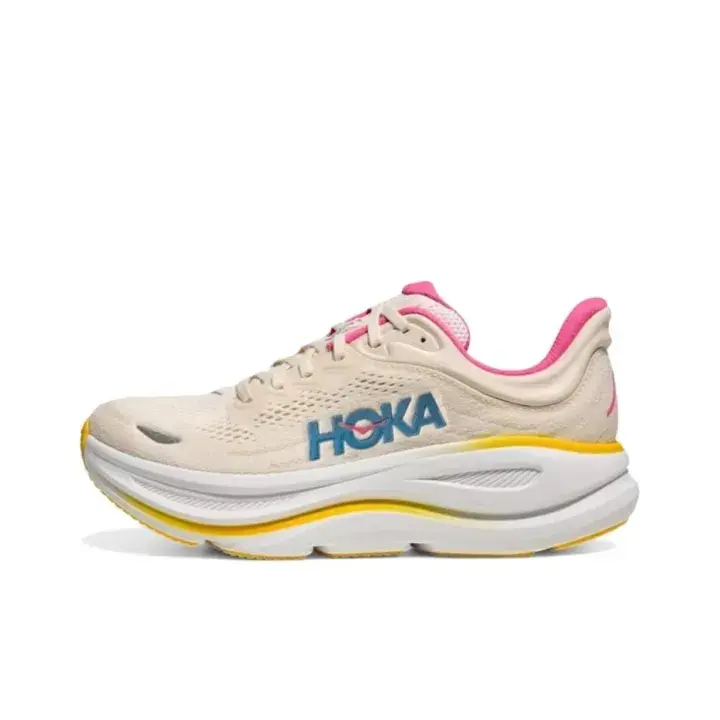 Women daily long-distance jogging mesh running sneakers, cream beige breathable knit mesh upper pink inner collar yellow curved layered foam midsole soft padded tongue anti-slip rubber outsole for ladies gym commute athletic footwear
