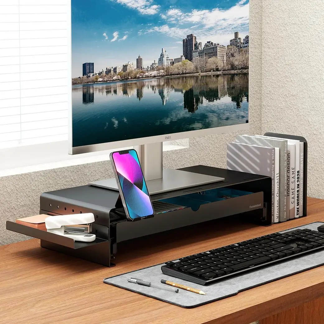 Nxmateland Metal Monitor Stand Riser - Heavy-Duty Steel PC Stand with Phone Holder, Keyboard Storage Shelf, Ergonomic Home Office Desk Accessories for Laptop Use