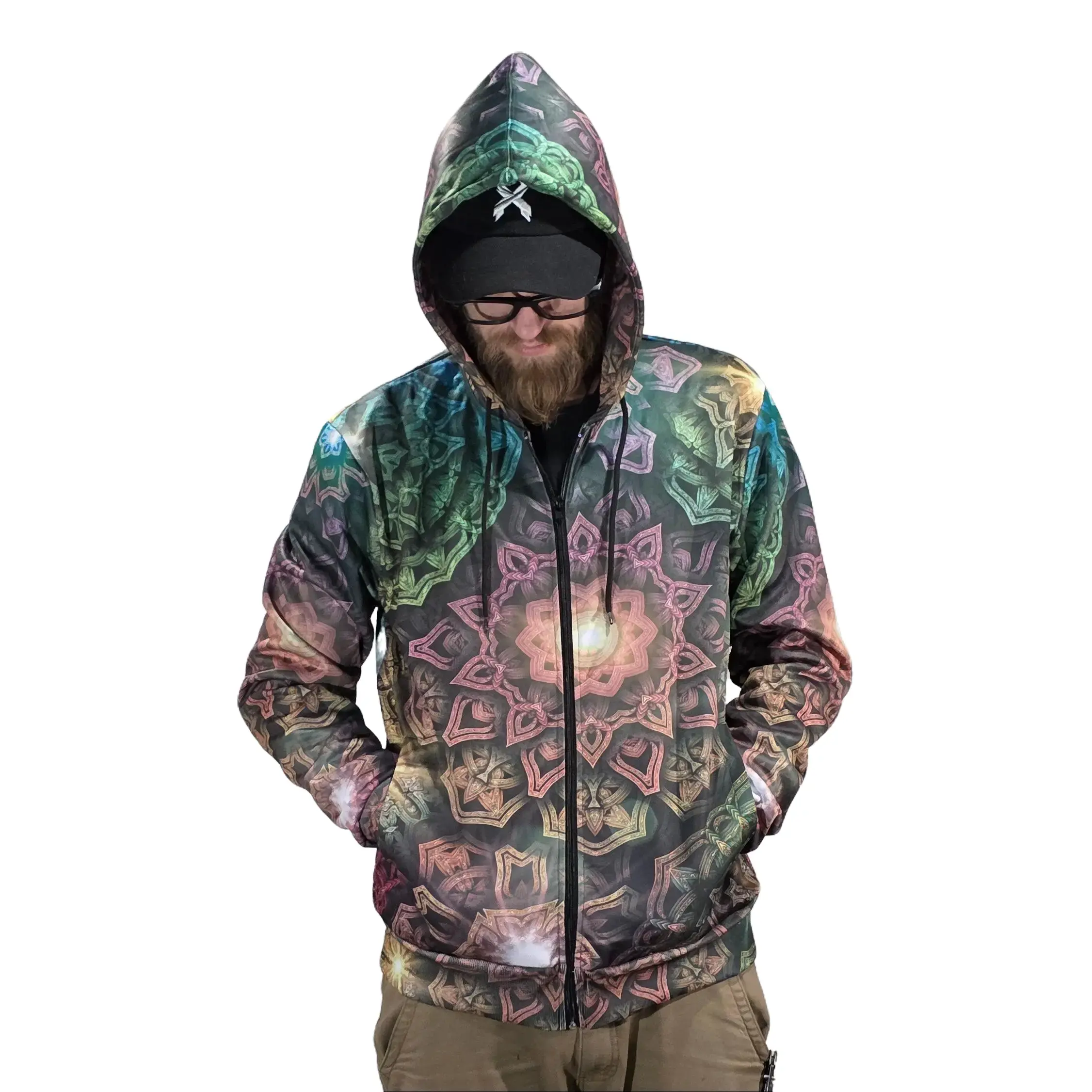 Entheos Vibrations Fractal Galaxy Hoodie Artwork By Jan Kruse Vibrant Mandala Design Men's Cosmic Artwear Hooded Sweatshirt