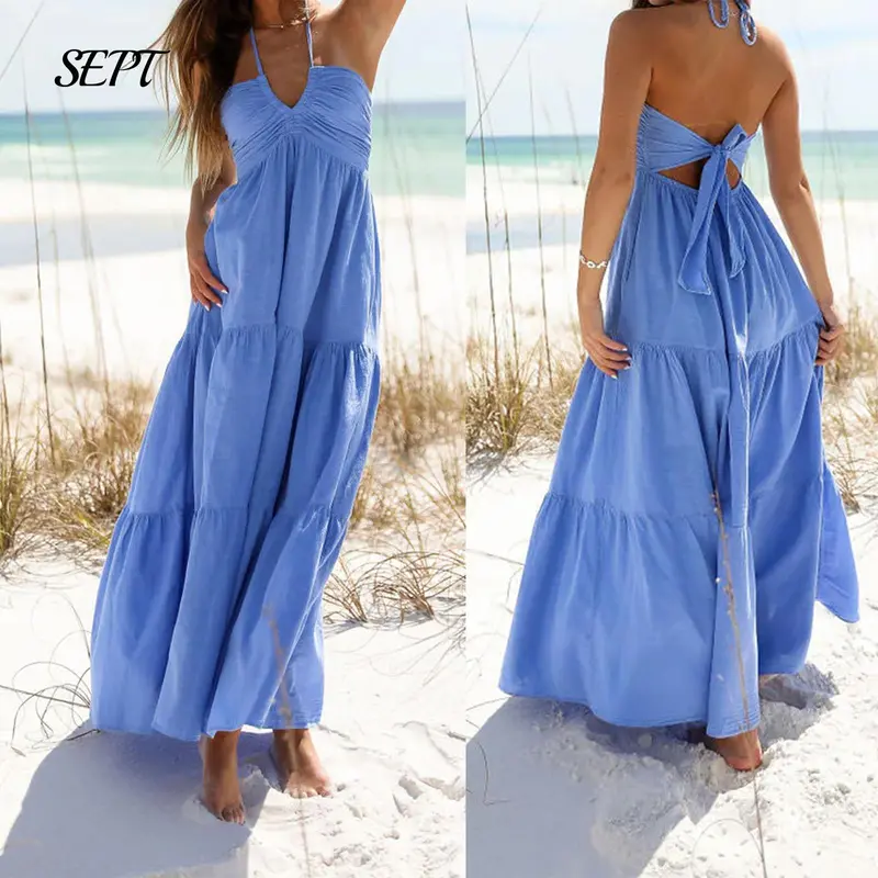 Women Summer Elegent Halter Neck Maxi Dress Casual Ruffle Hem Solid Color Backless for Beach Dress