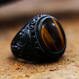 Classic Bohemian Men'S Stainless Steel  ring, Coastal Holiday Wedding Ring for Men, Featuring Black Carved Inlay with Faux Brown Tiger Eye Faux, UniGender Wedding Ring, Perfect for Valentine'S Day Or Anniversary